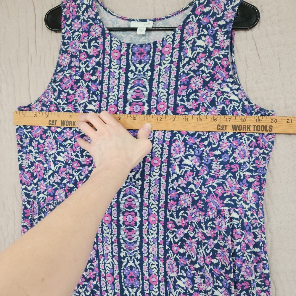 J Jill Maxi Dress M Floral Purple Jersey Shift Sleeveless Beach Resortwear 53" - Picture 7 of 13